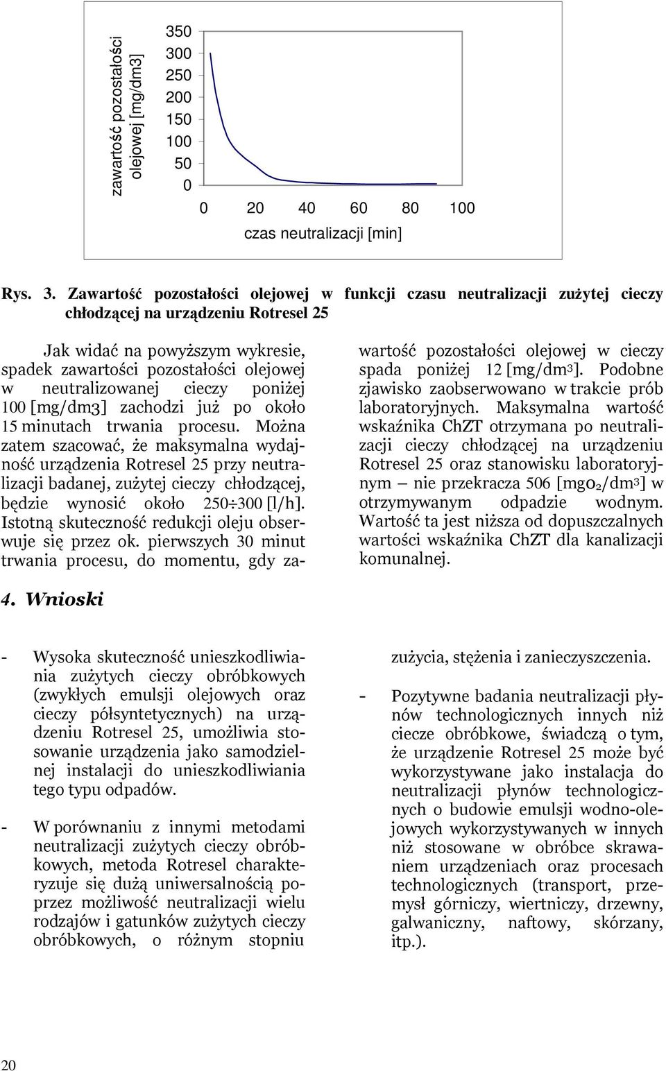 widać na powyższym wykresie, spadek zawartości pozostałości olejowej w neutralizowanej cieczy poniżej 100 [mg/dm3] zachodzi już po około 15 minutach trwania procesu.