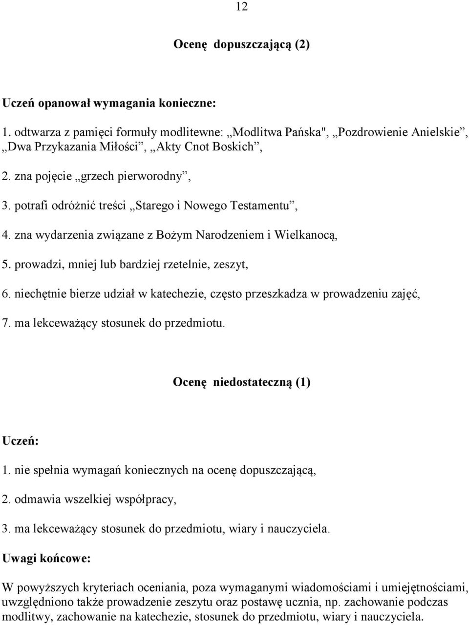prowadzi, mniej lub bardziej rzetelnie, zeszyt, 6. niechętnie bierze udział w katechezie, często przeszkadza w prowadzeniu zajęć, 7. ma lekceważący stosunek do przedmiotu.