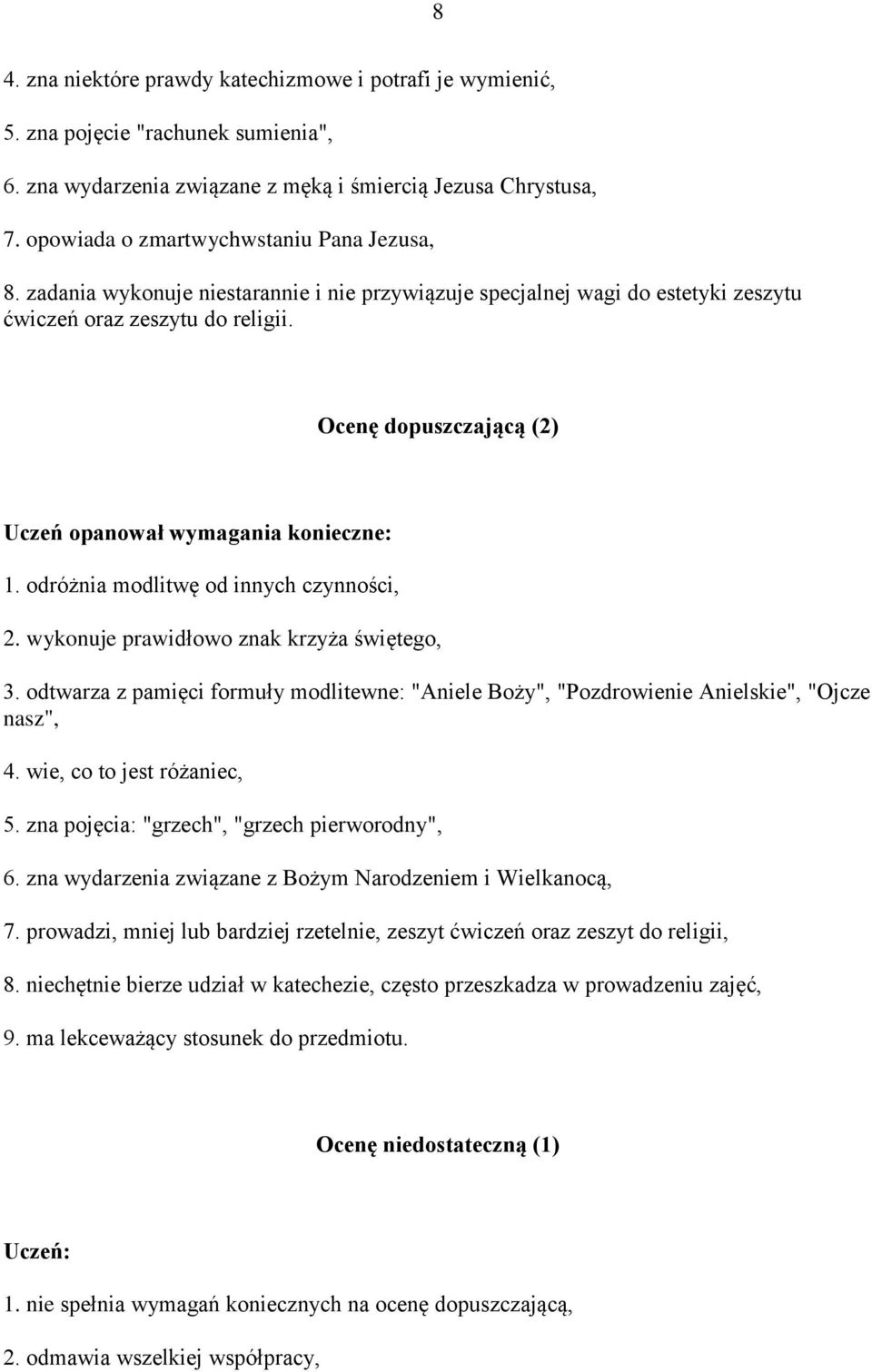 Ocenę dopuszczającą (2) Uczeń opanował wymagania konieczne: 1. odróżnia modlitwę od innych czynności, 2. wykonuje prawidłowo znak krzyża świętego, 3.
