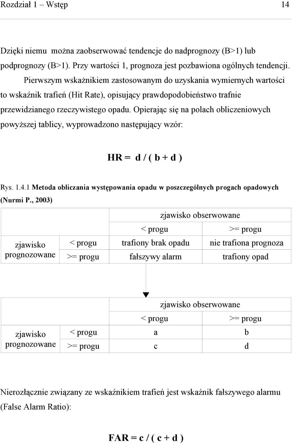 Opierając się na polach obliczeniowych powyższej tablicy, wyprowadzono następujący wzór: HR = d / ( b + d ) Rys..4. Metoda obliczania występowania opadu w poszczególnych progach opadowych (Nurmi P.