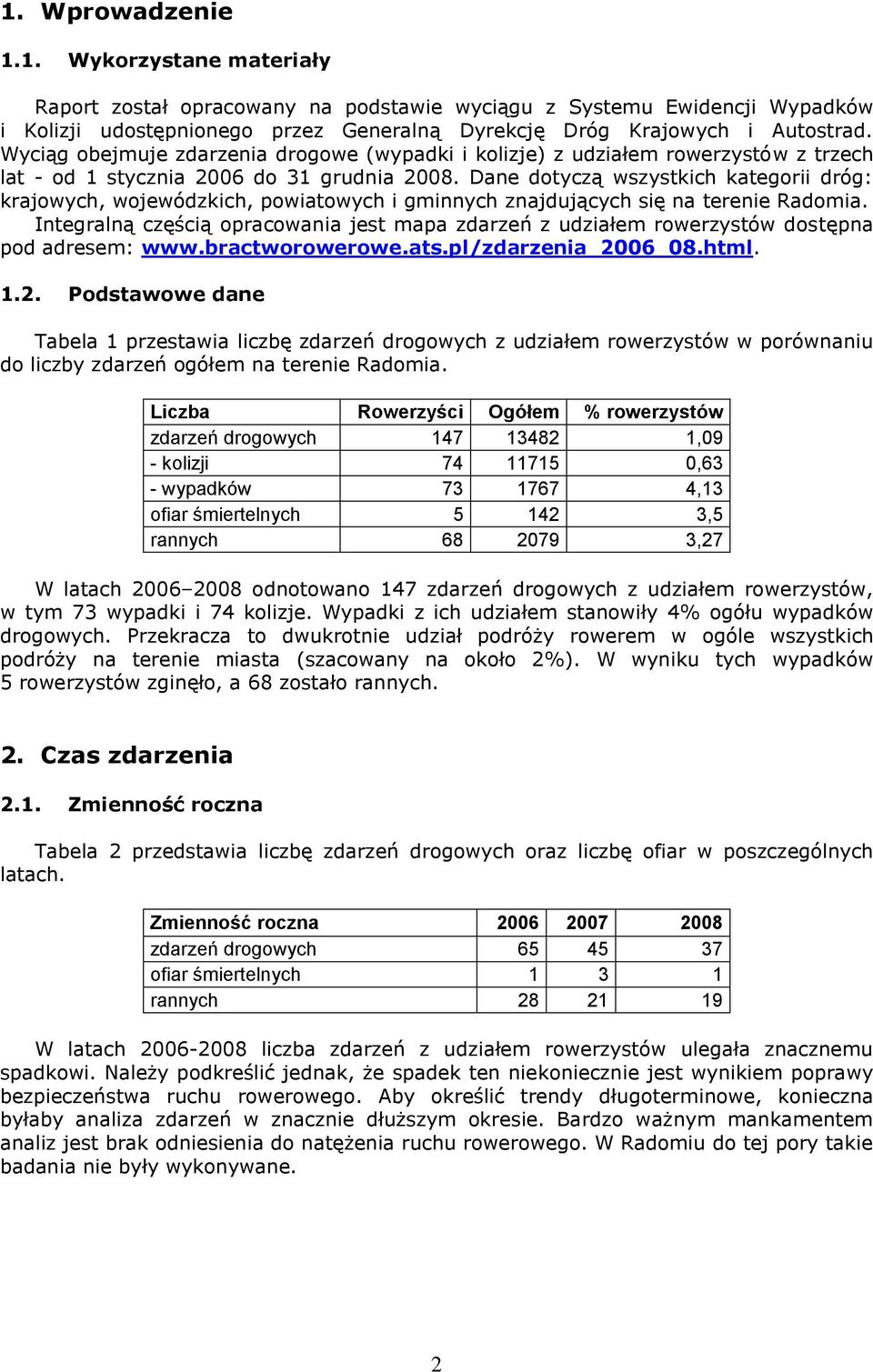 Dane dotyczą wszystkich kategorii dróg: krajowych, wojewódzkich, powiatowych i gminnych znajdujących się na terenie Radomia.