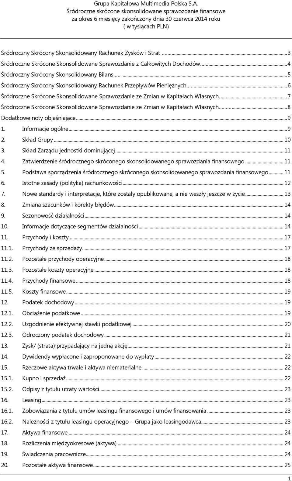 .. 3 Śródroczne Skrócone Skonsolidowane Sprawozdanie z Całkowitych Dochodów... 4 Śródroczny Skrócony Skonsolidowany Bilans... 5 Śródroczny Skrócony Skonsolidowany Rachunek Przepływów Pieniężnych.