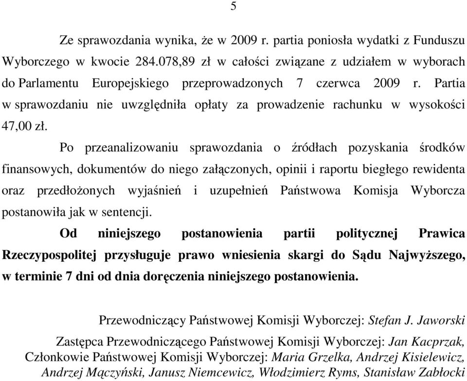 Partia w sprawozdaniu nie uwzględniła opłaty za prowadzenie rachunku w wysokości 47,00 zł.