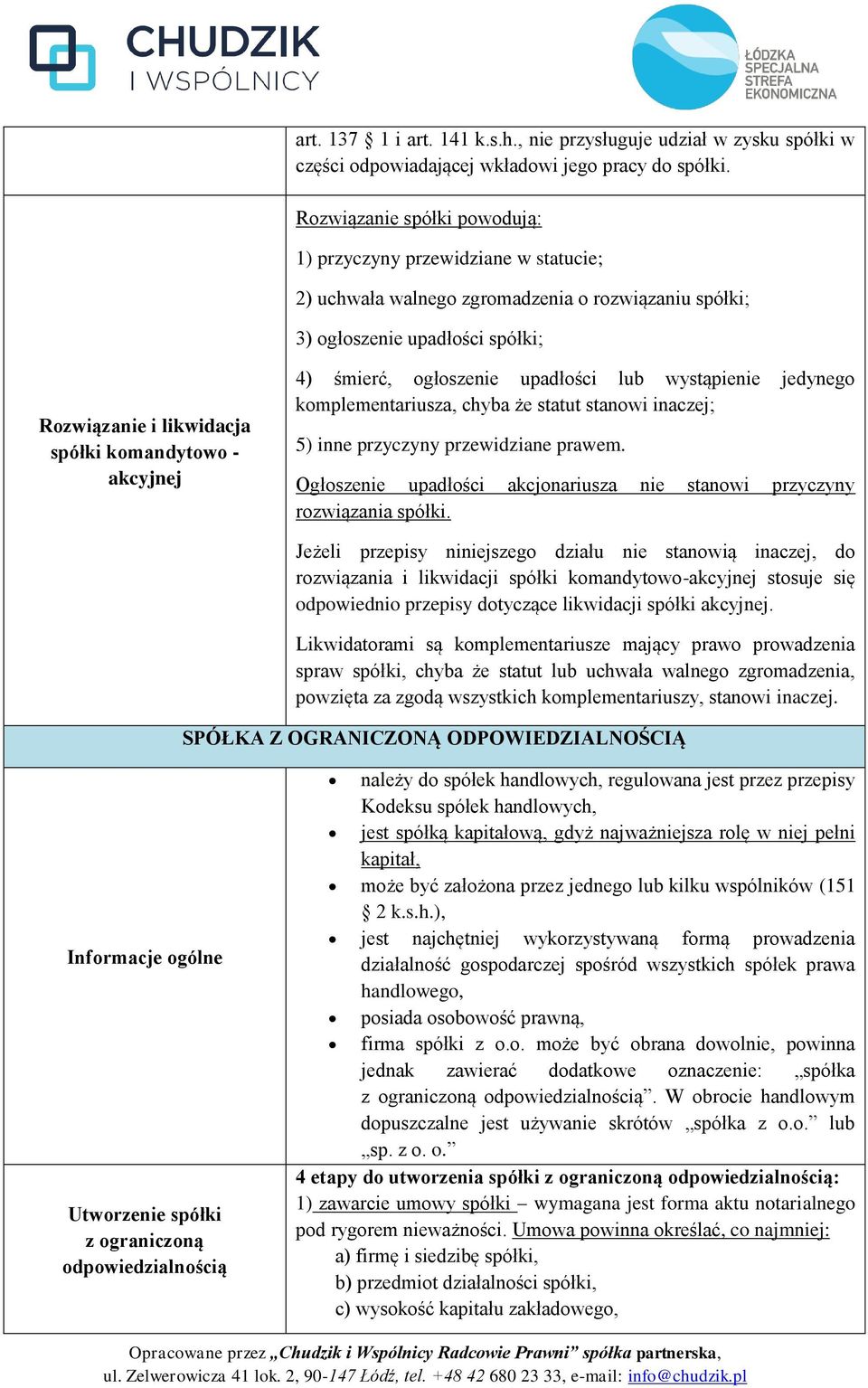 akcyjnej 4) śmierć, ogłoszenie upadłości lub wystąpienie jedynego komplementariusza, chyba że statut stanowi inaczej; 5) inne przyczyny przewidziane prawem.