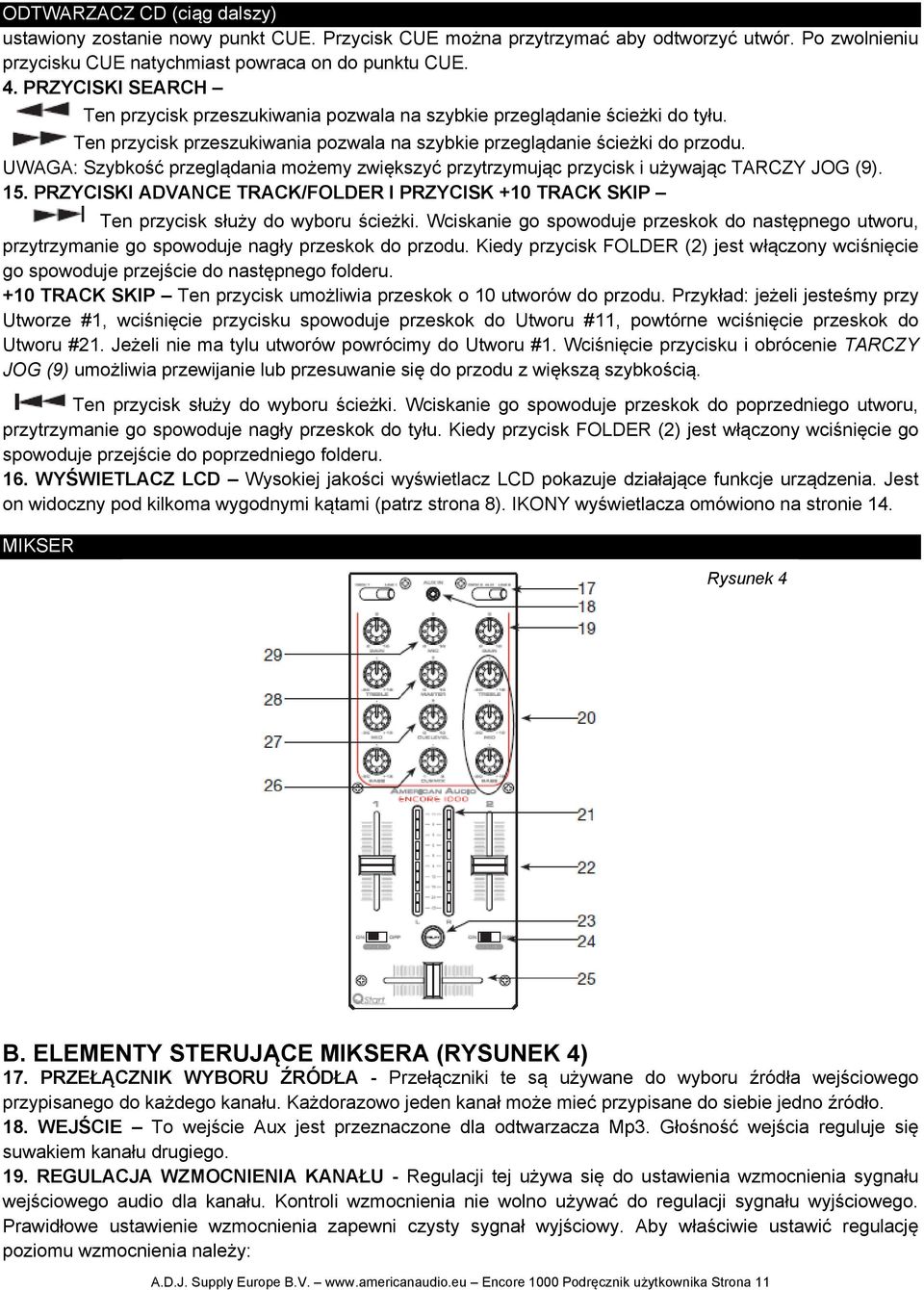 UWAGA: Szybkość przeglądania możemy zwiększyć przytrzymując przycisk i używając TARCZY JOG (9). 15. PRZYCISKI ADVANCE TRACK/FOLDER I PRZYCISK +10 TRACK SKIP Ten przycisk służy do wyboru ścieżki.