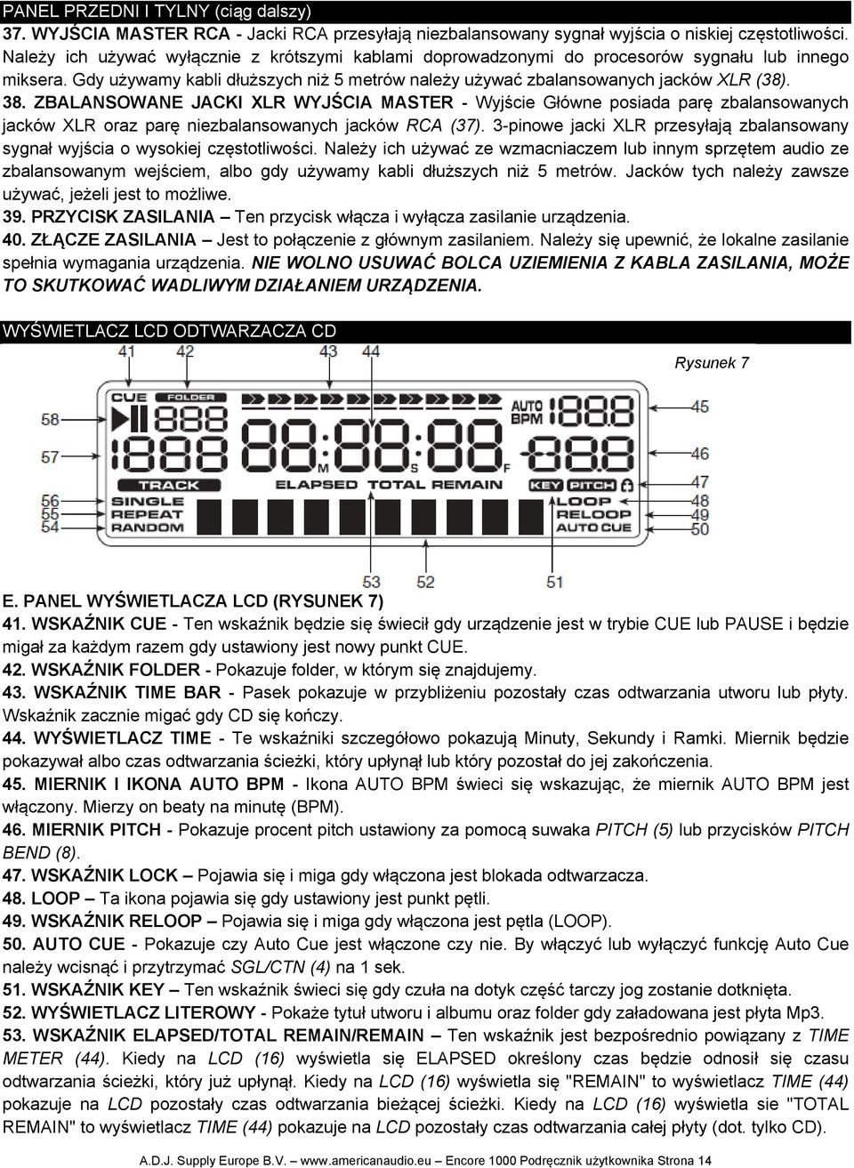 ZBALANSOWANE JACKI XLR WYJŚCIA MASTER - Wyjście Główne posiada parę zbalansowanych jacków XLR oraz parę niezbalansowanych jacków RCA (37).