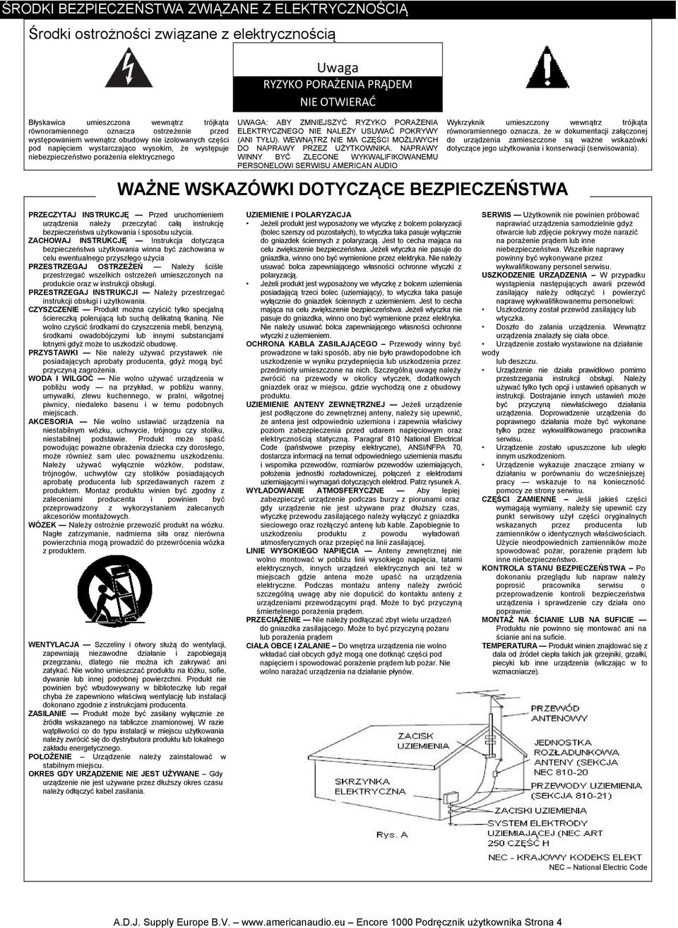 RYZYKO PORAŻENIA ELEKTRYCZNEGO NIE NALEŻY USUWAĆ POKRYWY (ANI TYŁU). WEWNĄTRZ NIE MA CZĘŚCI MOŻLIWYCH DO NAPRAWY PRZEZ UŻYTKOWNIKA.