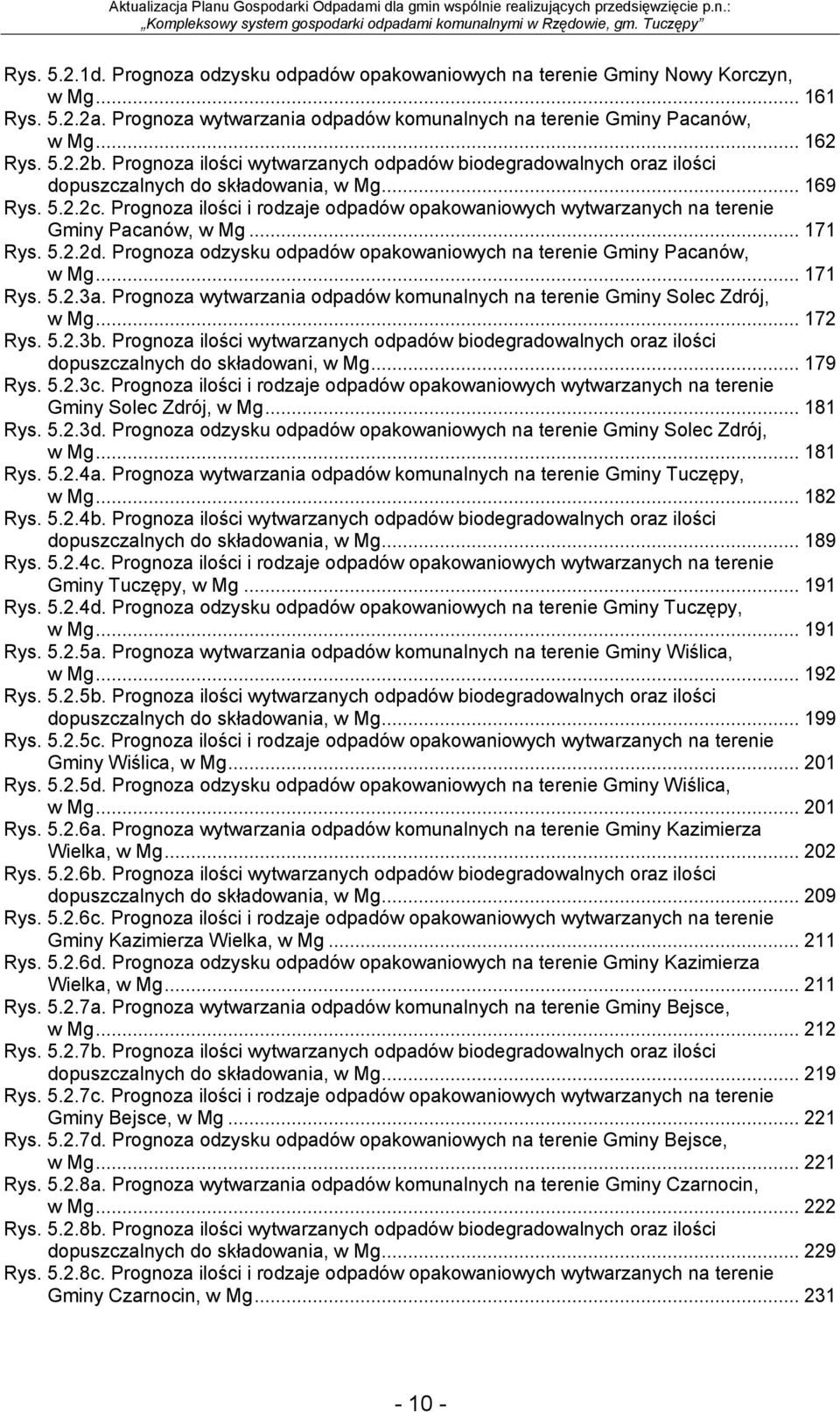 Prognoza ilości i rodzaje odpadów opakowaniowych wytwarzanych na terenie Gminy Pacanów, w Mg... 171 Rys. 5.2.2d. Prognoza odzysku odpadów opakowaniowych na terenie Gminy Pacanów, w Mg... 171 Rys. 5.2.3a.