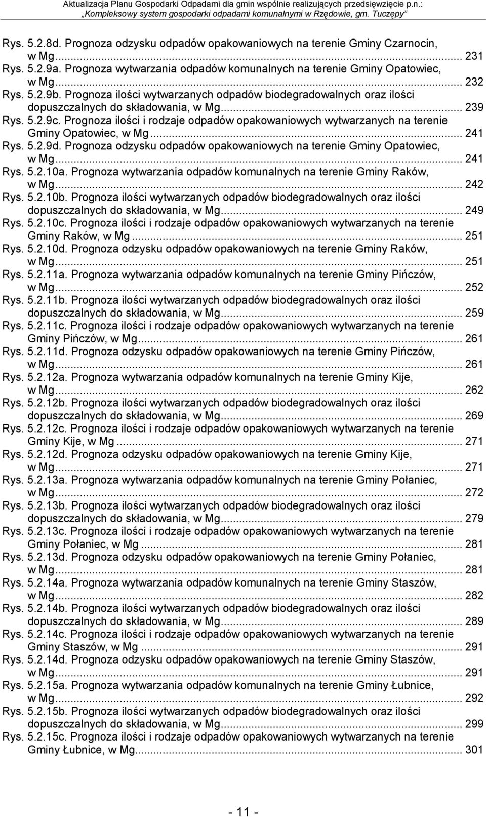 Prognoza ilości i rodzaje odpadów opakowaniowych wytwarzanych na terenie Gminy Opatowiec, w Mg... 241 Rys. 5.2.9d. Prognoza odzysku odpadów opakowaniowych na terenie Gminy Opatowiec, w Mg... 241 Rys. 5.2.10a.