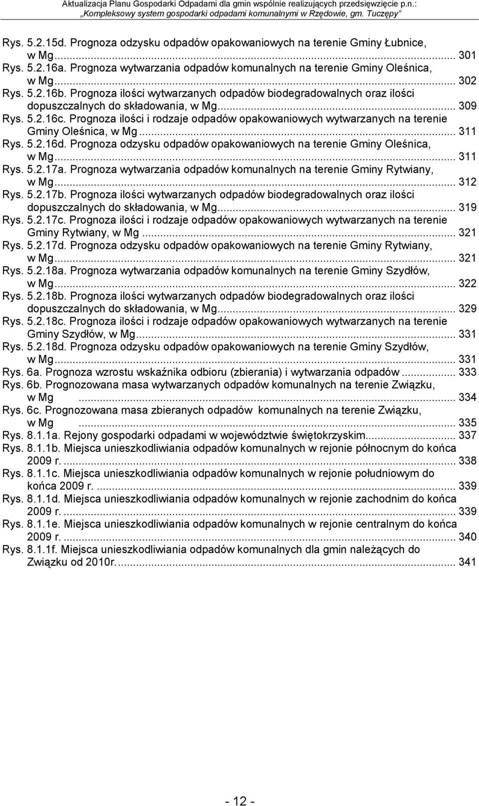 Prognoza ilości i rodzaje odpadów opakowaniowych wytwarzanych na terenie Gminy Oleśnica, w Mg... 311 Rys. 5.2.16d. Prognoza odzysku odpadów opakowaniowych na terenie Gminy Oleśnica, w Mg... 311 Rys. 5.2.17a.