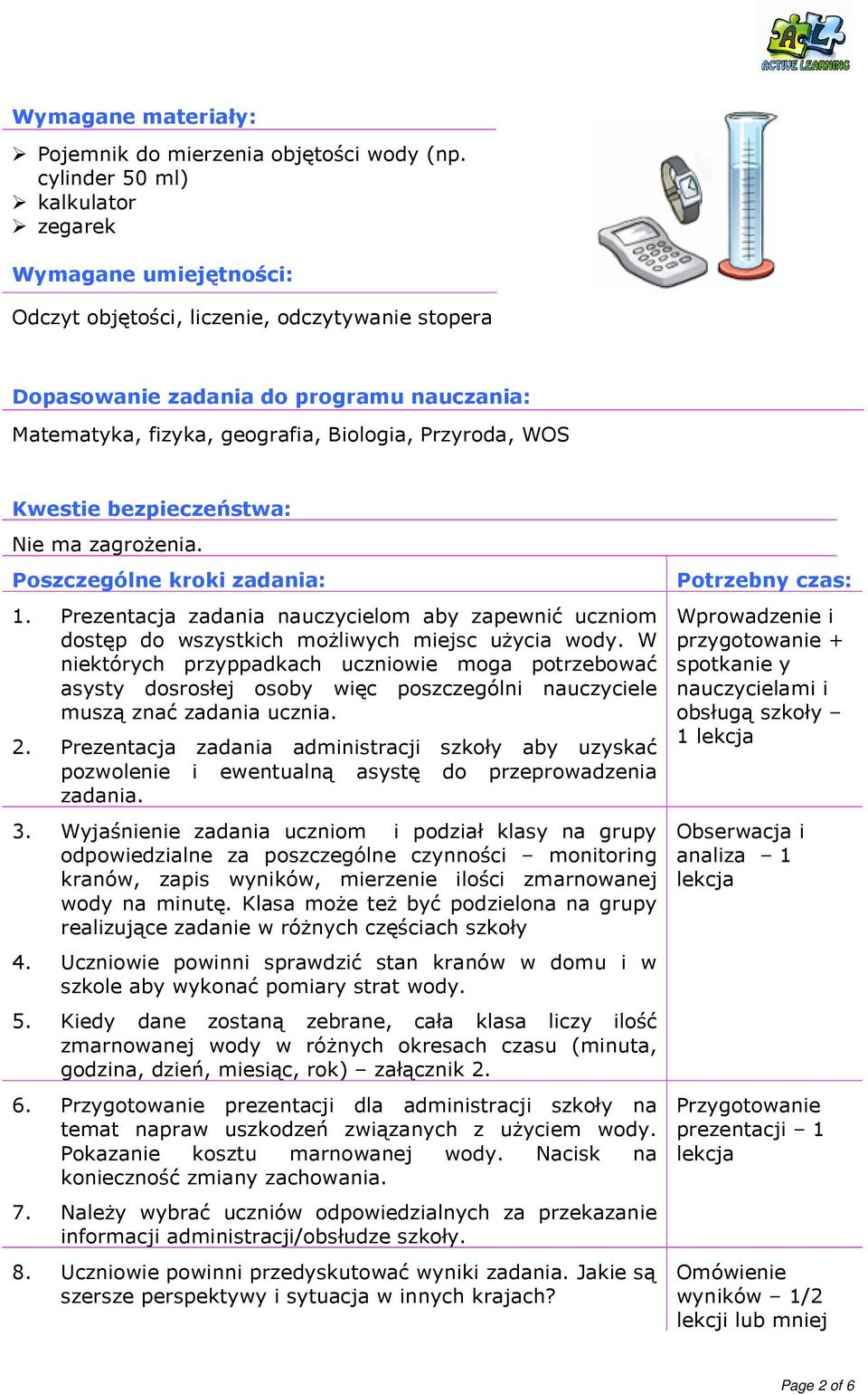 Przyroda, WOS Kwestie bezpieczeństwa: Nie ma zagroŝenia. Poszczególne kroki zadania: 1. Prezentacja zadania nauczycielom aby zapewnić uczniom dostęp do wszystkich moŝliwych miejsc uŝycia wody.