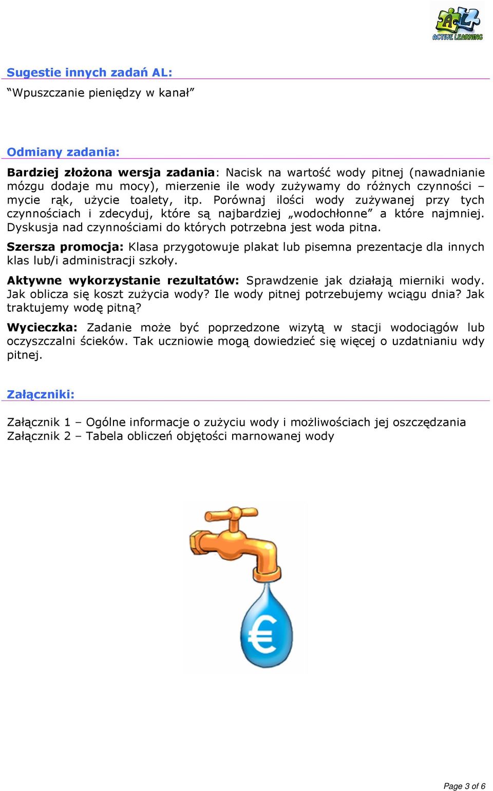 Dyskusja nad czynnościami do których potrzebna jest woda pitna. Szersza promocja: Klasa przygotowuje plakat lub pisemna prezentacje dla innych klas lub/i administracji szkoły.