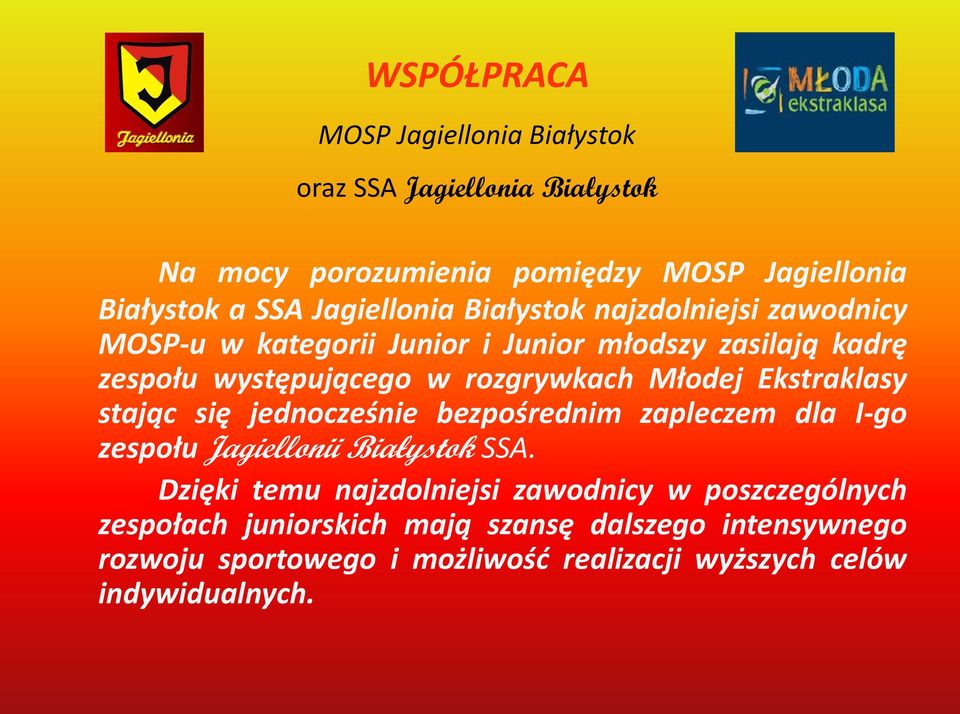 Młodej Ekstraklasy stając się jednocześnie bezpośrednim zapleczem dla I-go zespołu Jagiellonii Białystok SSA.