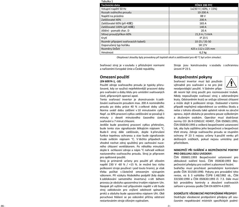 D 20 A Síťový proud/příkon 60% 21,9 A / 5 kva Krytí IP 23 S Rozměr připojení svařovacích kabelů 10-25 / 35-50 Doporučený typ hořáku SR 17V Rozměry DxŠxV 425 x 112 x 225 mm Hmotnost 6,2 kg Oteplovací