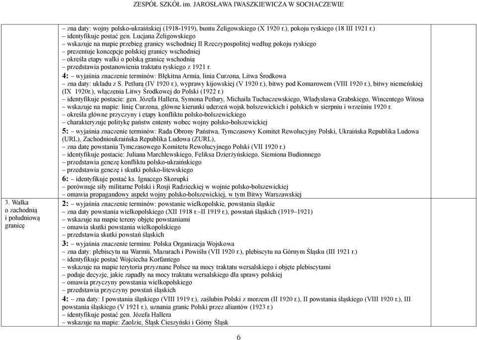 wschodnią przedstawia postanowienia traktatu ryskiego z 1921 r. 4: wyjaśnia znaczenie terminów: Błękitna Armia, linia Curzona, Litwa Środkowa zna daty: układu z S. Petlurą (IV 1920 r.