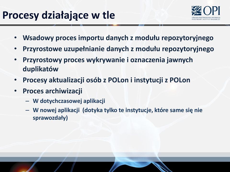 jawnych duplikatów Procesy aktualizacji osób z POLon i instytucji z POLon Proces archiwizacji