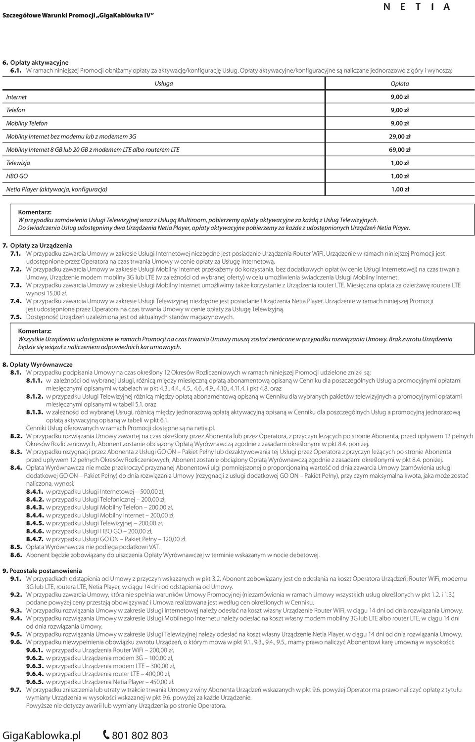 modemem LTE albo routerem LTE Telewizja HBO GO Netia Player (aktywacja, konfiguracja) 9,00 zł 9,00 zł 9,00 zł 29,00 zł 69,00 zł 1,00 zł 1,00 zł 1,00 zł W przypadku zamówienia Usługi Telewizyjnej wraz