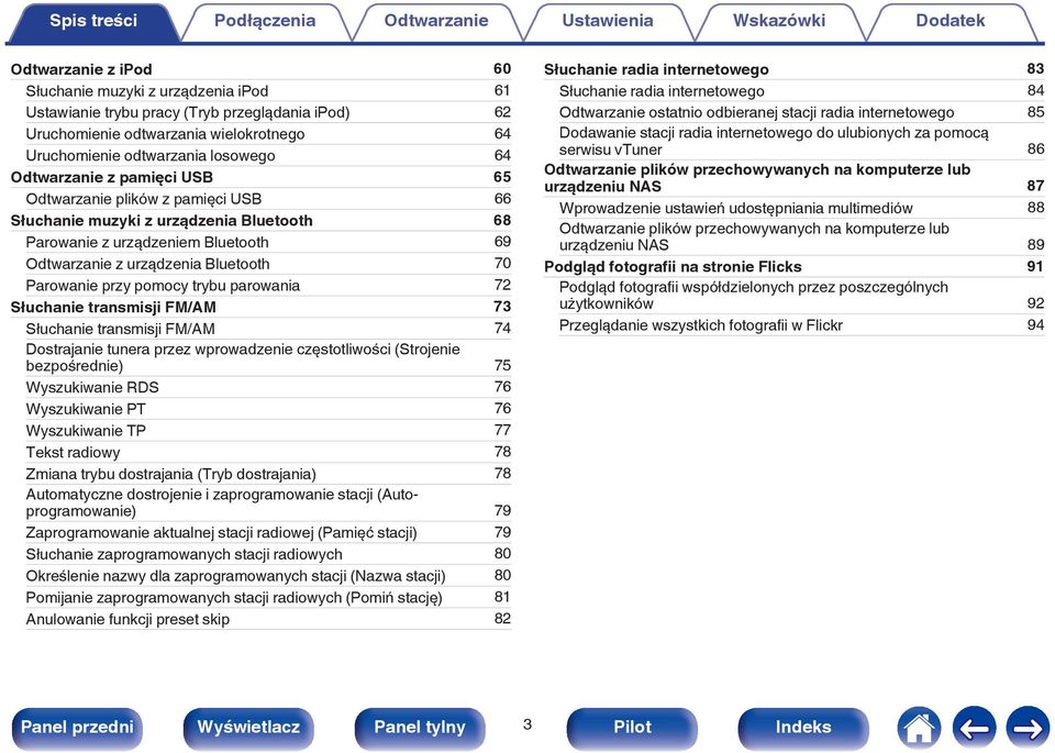 pomocy trybu parowania 72 Słuchanie transmisji FM/AM 73 Słuchanie transmisji FM/AM 74 Dostrajanie tunera przez wprowadzenie częstotliwości (Strojenie bezpośrednie) 75 Wyszukiwanie RDS 76 Wyszukiwanie