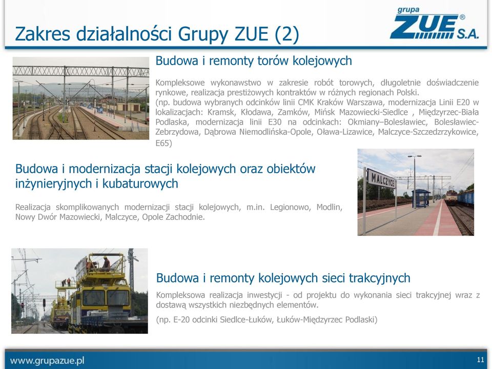 budowa wybranych odcinków linii CMK Kraków Warszawa, modernizacja Linii E20 w lokalizacjach: Kramsk, Kłodawa, Zamków, Mińsk Mazowiecki-Siedlce, Międzyrzec-Biała Podlaska, modernizacja linii E30 na