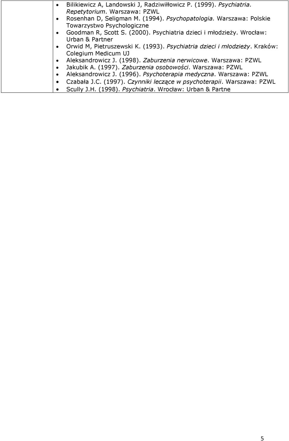 Psychiatria dzieci i młodzieży. Kraków: Colegium Medicum UJ Aleksandrowicz J. (1998). Zaburzenia nerwicowe. Warszawa: PZWL Jakubik A. (1997). Zaburzenia osobowości.