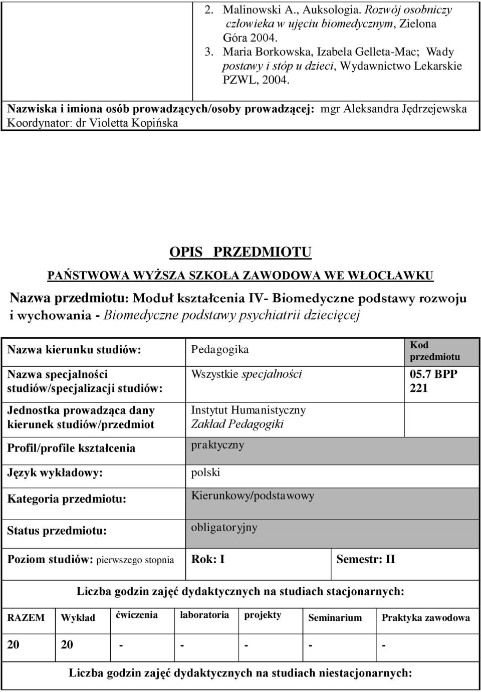 kształcenia IV- Biomedyczne podstawy rozwoju i wychowania - Biomedyczne podstawy psychiatrii dziecięcej Nazwa kierunku studiów: Pedagogika Kod przedmiotu Nazwa specjalności studiów/specjalizacji