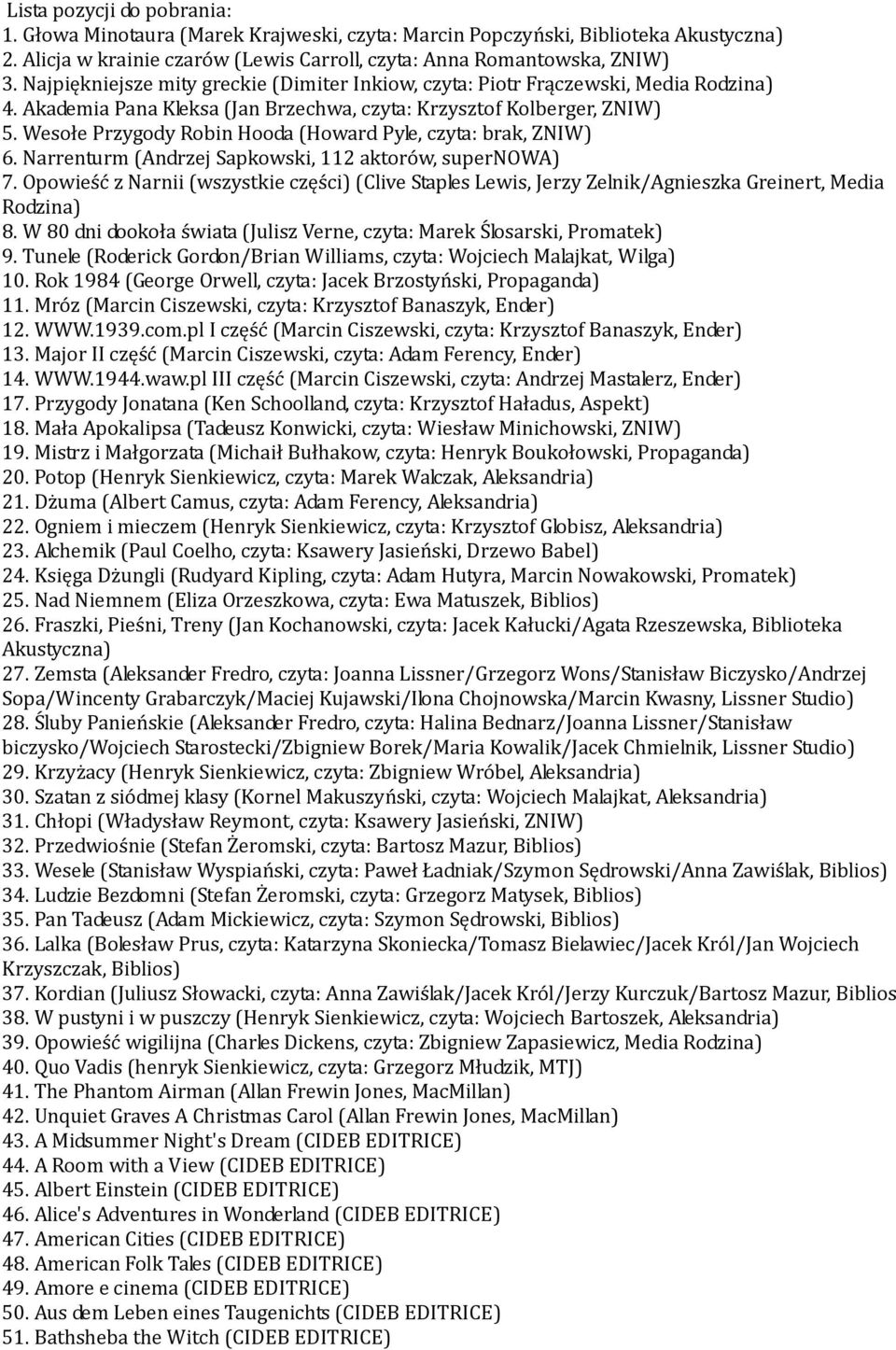 Wesołe Przygody Robin Hooda (Howard Pyle, czyta: brak, ZNIW) 6. Narrenturm (Andrzej Sapkowski, 112 aktorów, supernowa) 7.