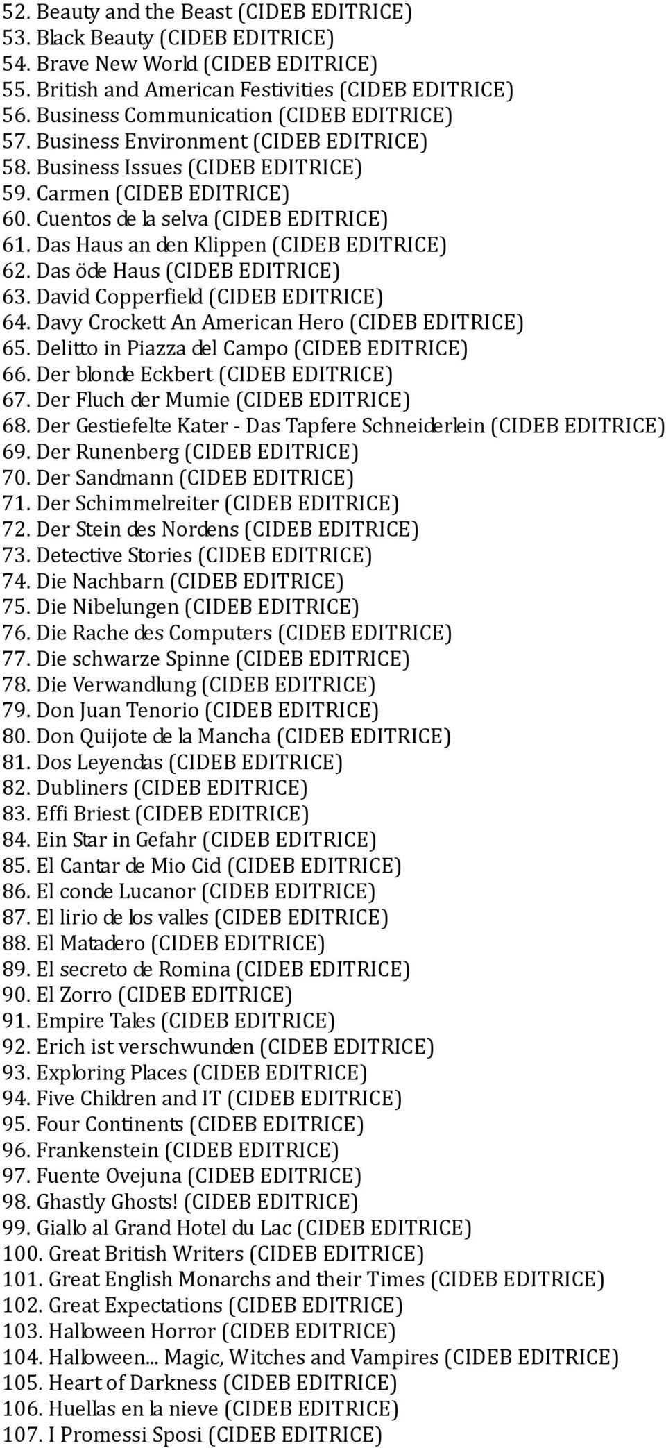 Das Haus an den Klippen (CIDEB EDITRICE) 62. Das öde Haus (CIDEB EDITRICE) 63. David Copperfield (CIDEB EDITRICE) 64. Davy Crockett An American Hero (CIDEB EDITRICE) 65.