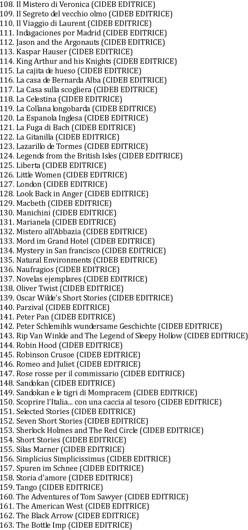 La casa de Bernarda Alba (CIDEB EDITRICE) 117. La Casa sulla scogliera (CIDEB EDITRICE) 118. La Celestina (CIDEB EDITRICE) 119. La Collana longobarda (CIDEB EDITRICE) 120.