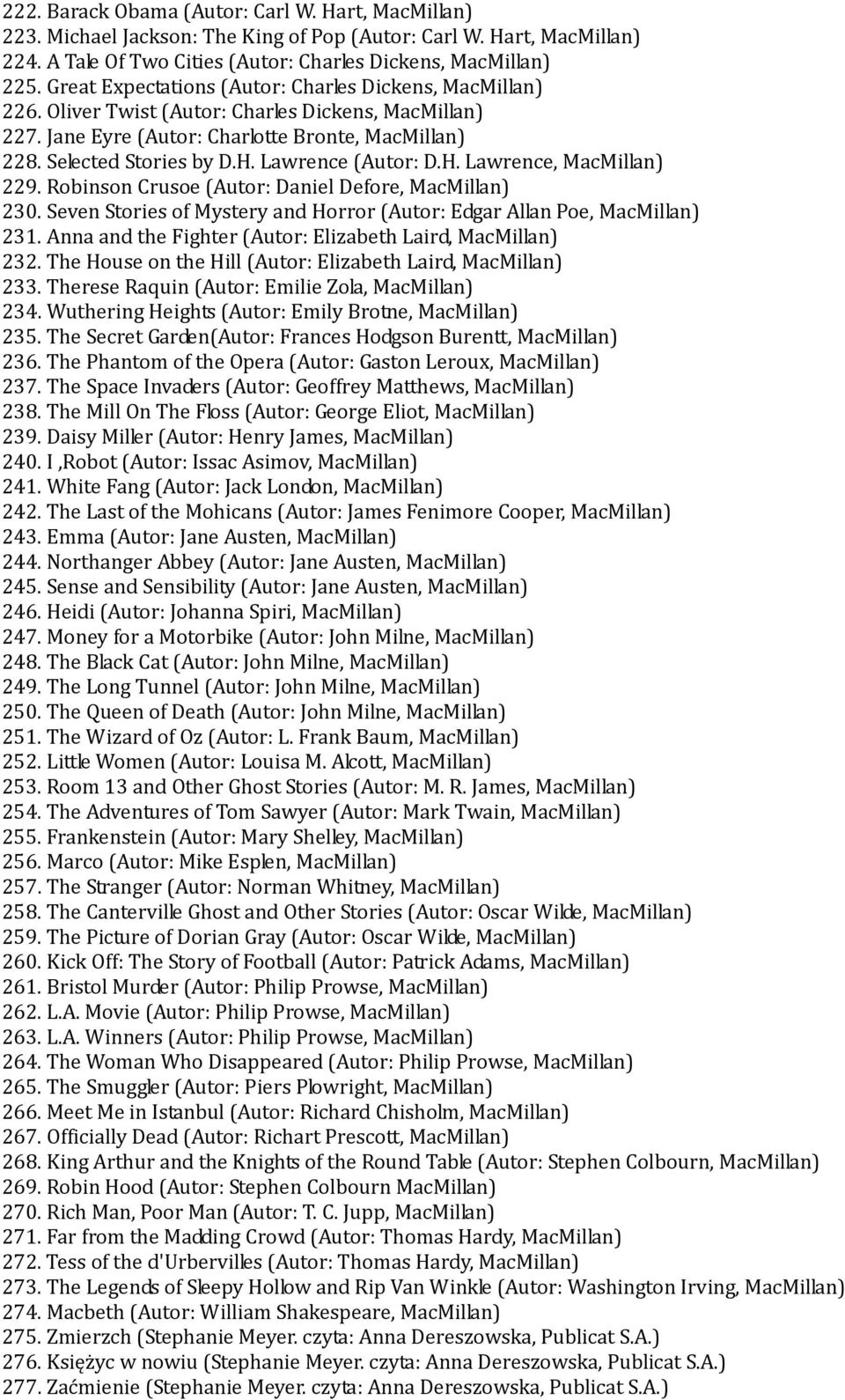 Lawrence (Autor: D.H. Lawrence, MacMillan) 229. Robinson Crusoe (Autor: Daniel Defore, MacMillan) 230. Seven Stories of Mystery and Horror (Autor: Edgar Allan Poe, MacMillan) 231.