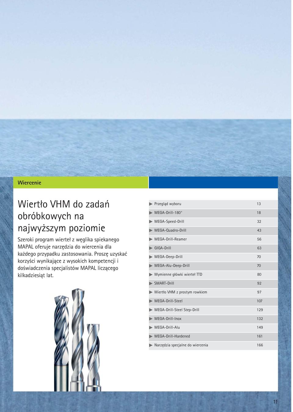 Przegląd wyboru 13 MEGA-Drill-180 18 MEGA-Speed-Drill 32 MEGA-Quadro-Drill 43 MEGA-Drill-Reamer 56 GIGA-Drill 63 MEGA-Deep-Drill 70 MEGA-Alu-Deep-Drill 70 Wymienne główki