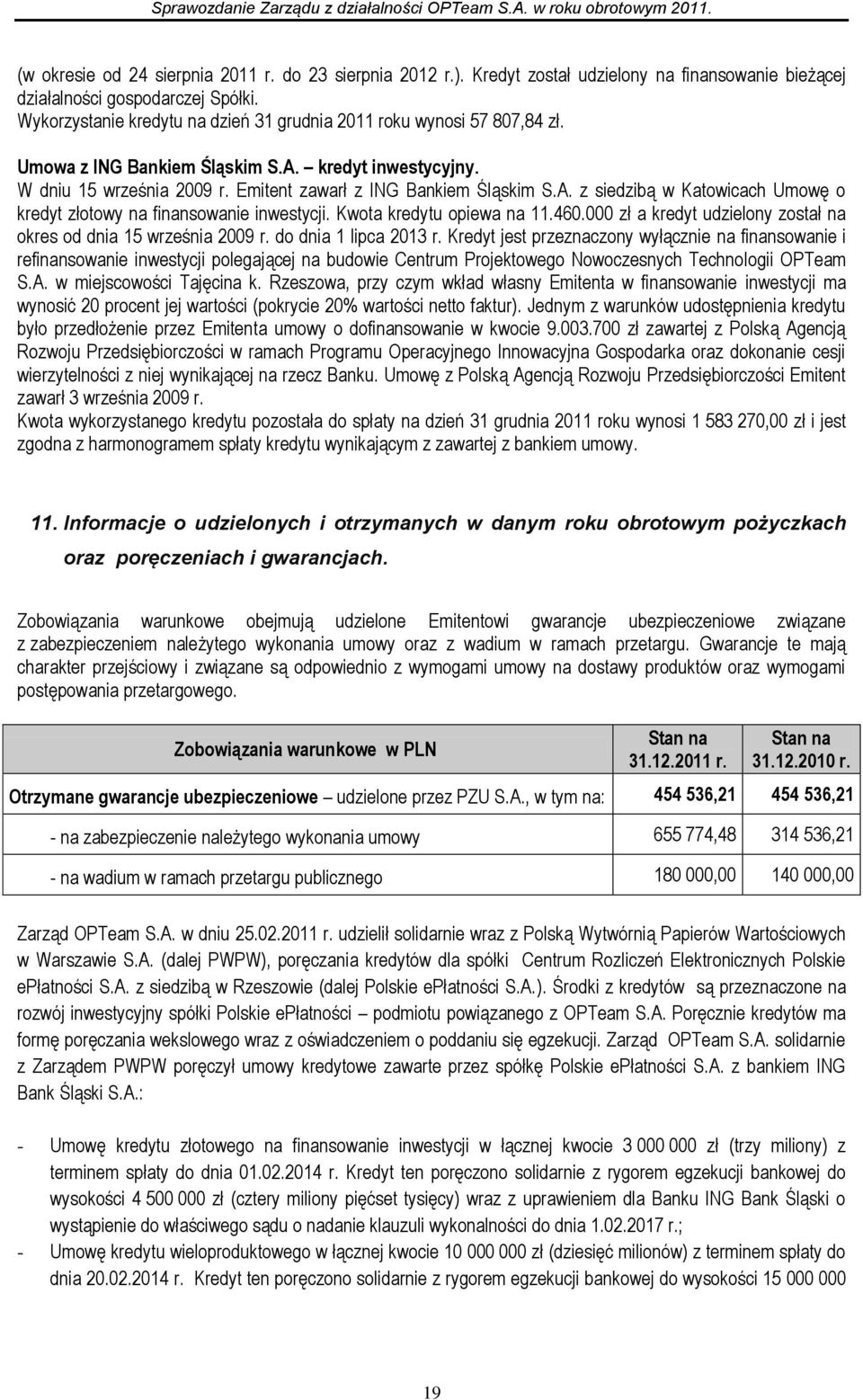 Kwota kredytu opiewa na 11.460.000 zł a kredyt udzielony został na okres od dnia 15 września 2009 r. do dnia 1 lipca 2013 r.