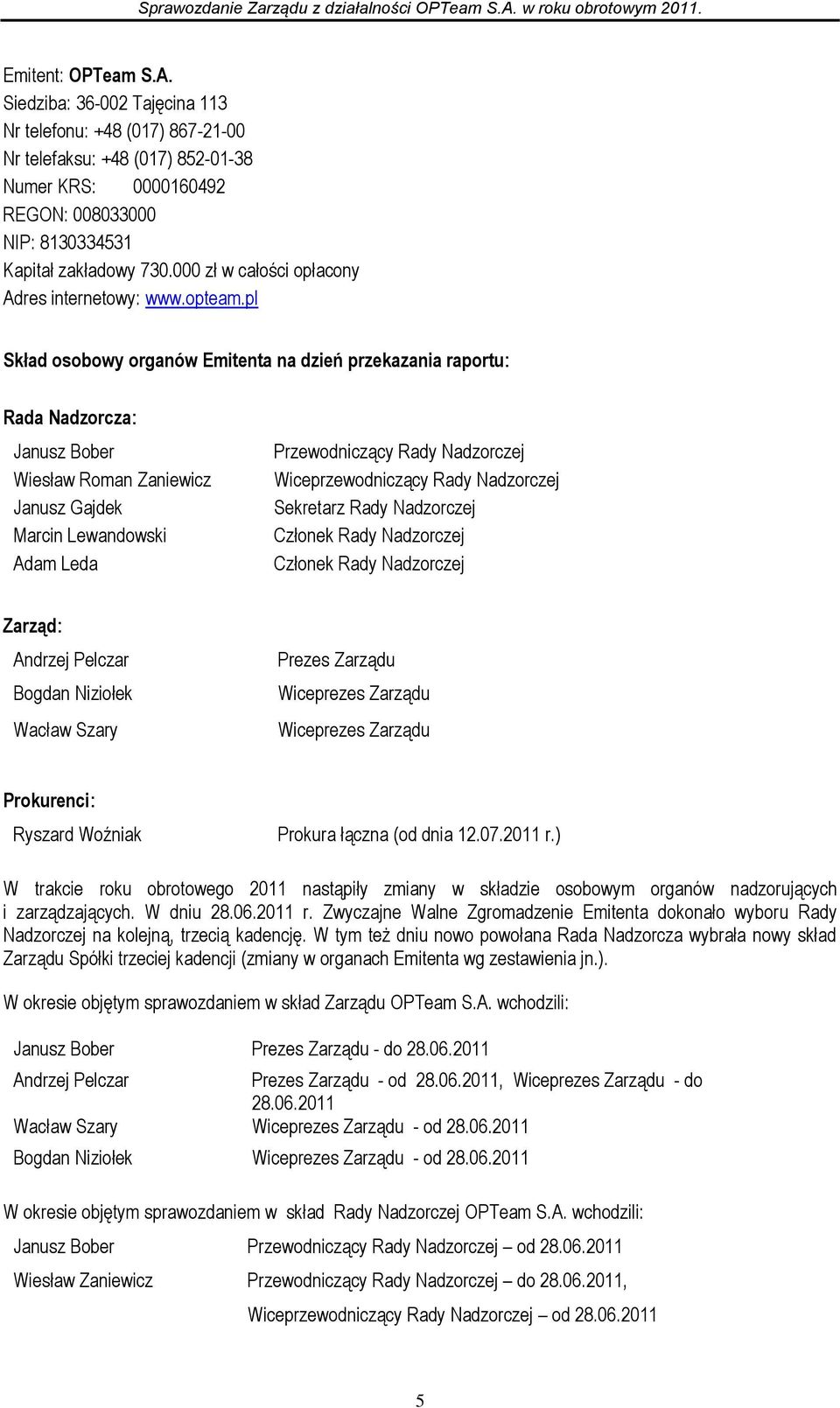 pl Skład osobowy organów Emitenta na dzień przekazania raportu: Rada Nadzorcza: Janusz Bober Wiesław Roman Zaniewicz Janusz Gajdek Marcin Lewandowski Adam Leda Przewodniczący Rady Nadzorczej