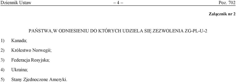 UDZIELA SIĘ ZEZWOLENIA ZG-PL-U-2 1) Kanada; 2)