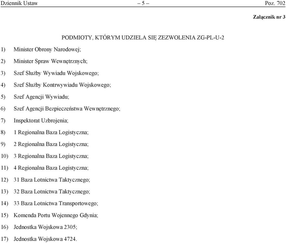 4) Szef Służby Kontrwywiadu Wojskowego; 5) Szef Agencji Wywiadu; 6) Szef Agencji Bezpieczeństwa Wewnętrznego; 7) Inspektorat Uzbrojenia; 8) 1 Regionalna Baza