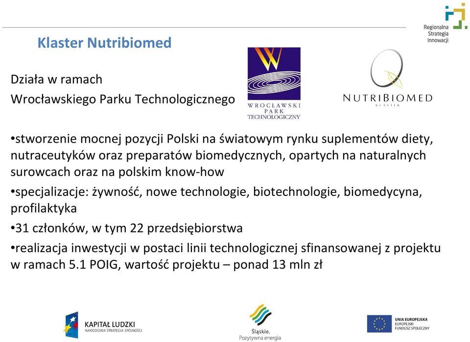 specjalizacje: żywność, nowe technologie, biotechnologie, biomedycyna, profilaktyka 31 członków, w tym 22 przedsiębiorstwa