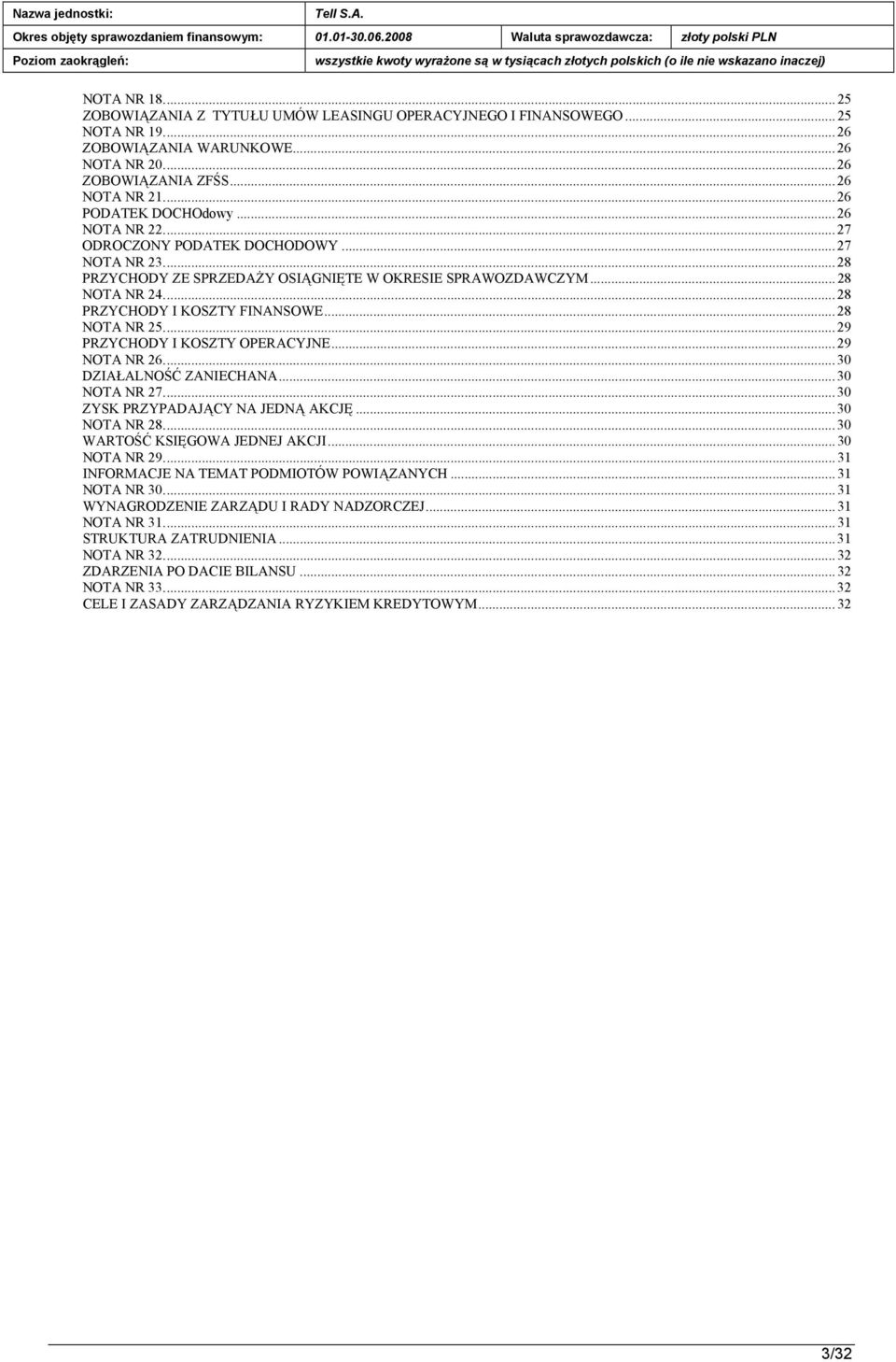 .. 28 PRZYCHODY ZE SPRZEDAŻY OSIĄGNIĘTE W OKRESIE SPRAWOZDAWCZYM... 28 NOTA NR 24... 28 PRZYCHODY I KOSZTY FINANSOWE... 28 NOTA NR 25... 29 PRZYCHODY I KOSZTY OPERACYJNE... 29 NOTA NR 26.