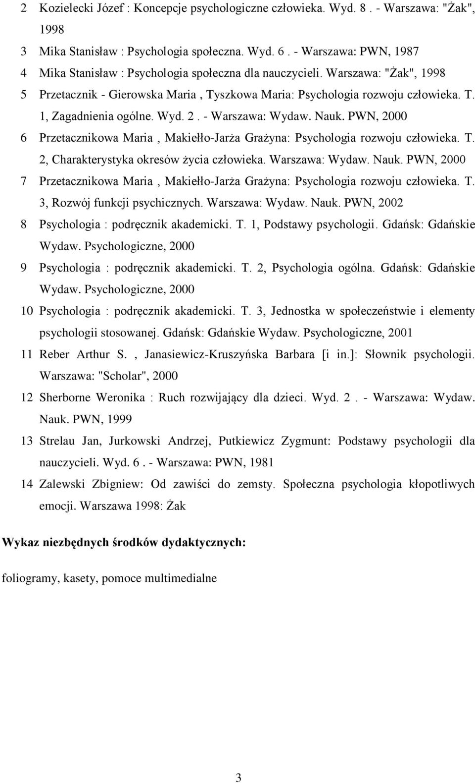 Wyd. 2. - Warszawa: Wydaw. Nauk. PWN, 2000 6 Przetacznikowa Maria, Makiełło-Jarża Grażyna: Psychologia rozwoju człowieka. T. 2, Charakterystyka okresów życia człowieka. Warszawa: Wydaw. Nauk. PWN, 2000 7 Przetacznikowa Maria, Makiełło-Jarża Grażyna: Psychologia rozwoju człowieka.