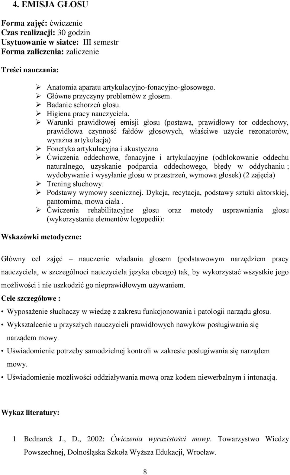 Warunki prawidłowej emisji głosu (postawa, prawidłowy tor oddechowy, prawidłowa czynność fałdów głosowych, właściwe użycie rezonatorów, wyraźna artykulacja) Fonetyka artykulacyjna i akustyczna