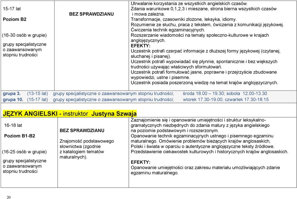 Rozumienie ze słuchu, praca z tekstem, ćwiczenia z komunikacji językowej. Ćwiczenia technik egzaminacyjnych. Rozszerzanie wiadomości na tematy społeczno-kulturowe w krajach anglojęzycznych.