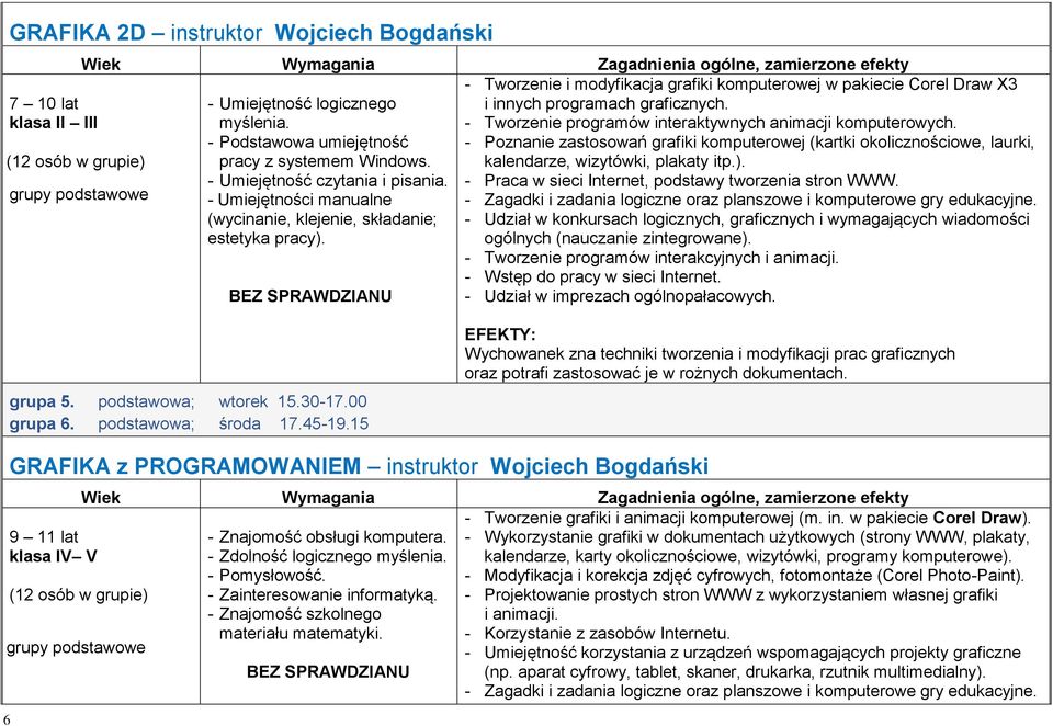 BEZ SPRAWDZIANU - Tworzenie i modyfikacja grafiki komputerowej w pakiecie Corel Draw X3 i innych programach graficznych. - Tworzenie programów interaktywnych animacji komputerowych.