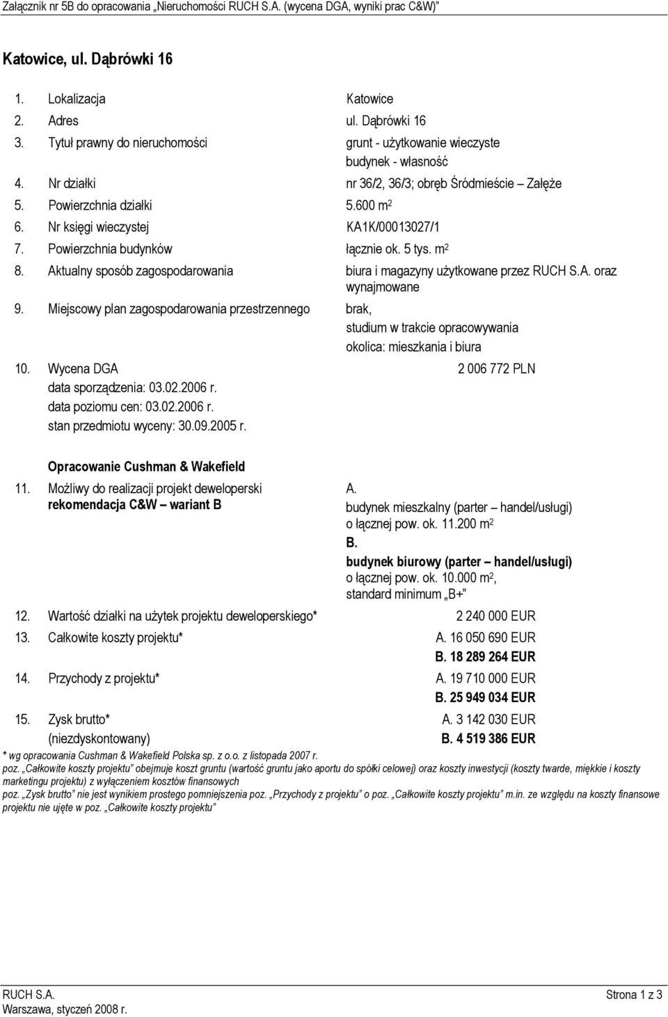 Nr księgi wieczystej KA1K/00013027/1 7. Powierzchnia budynków łącznie ok. 5 tys. m 2 8. Aktualny sposób zagospodarowania biura i magazyny użytkowane przez RUCH S.A. oraz wynajmowane 9.