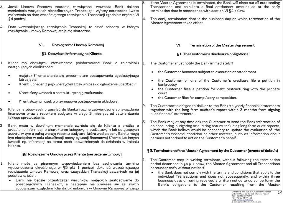 If the Master Agreement is terminated, the Bank will close-out all outstanding Transactions and calculate a final settlement amount as at the early termination date in accordance with section VI 4