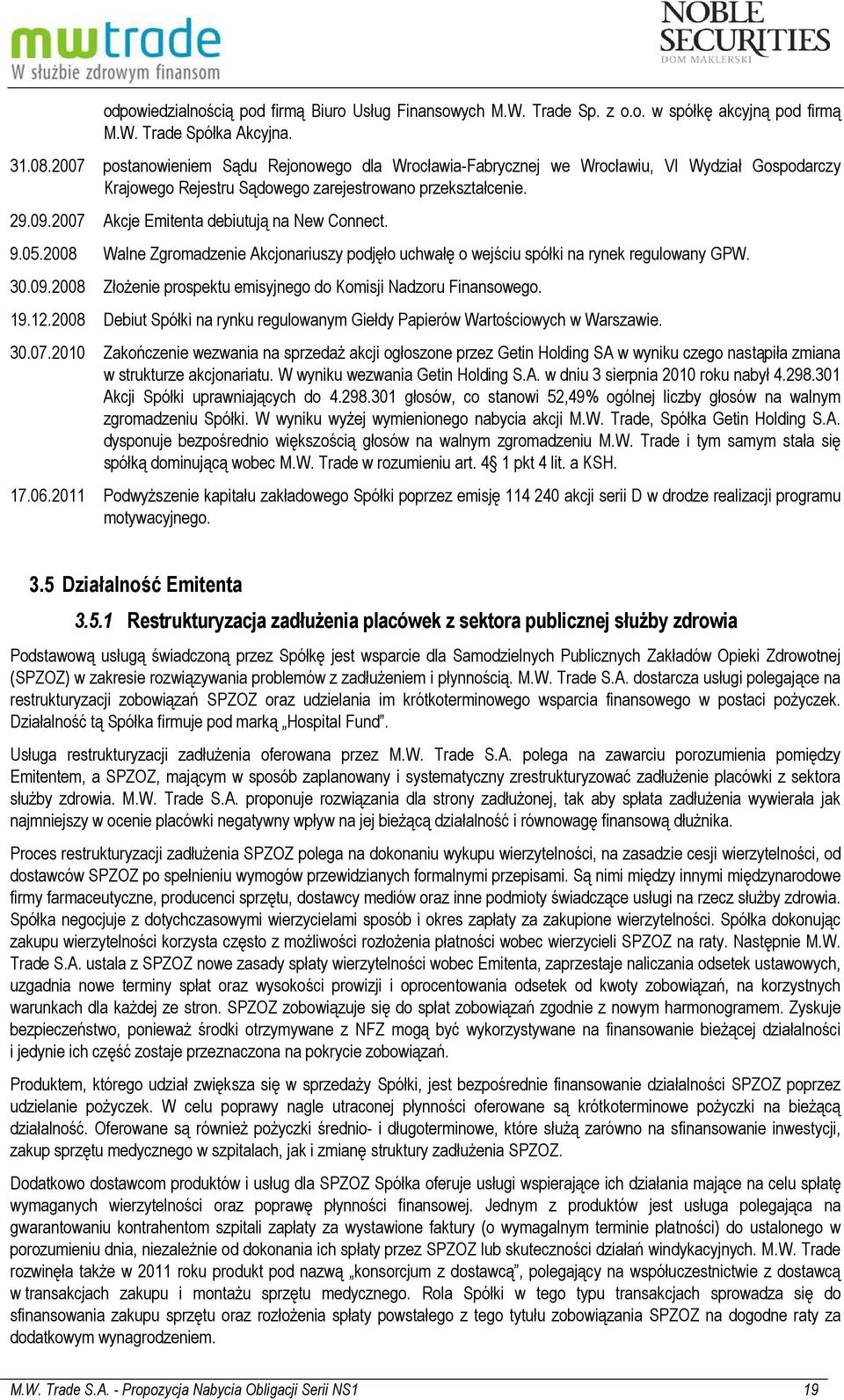 2007 Akcje Emitenta debiutują na New Connect. 9.05.2008 Walne Zgromadzenie Akcjonariuszy podjęło uchwałę o wejściu spółki na rynek regulowany GPW. 30.09.