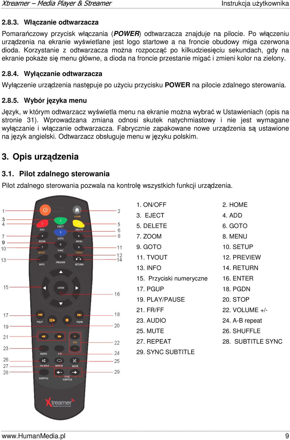 Korzystanie z odtwarzacza można rozpocząć po kilkudziesięciu sekundach, gdy na ekranie pokaże się menu główne, a dioda na froncie przestanie migać i zmieni kolor na zielony. 2.8.4.