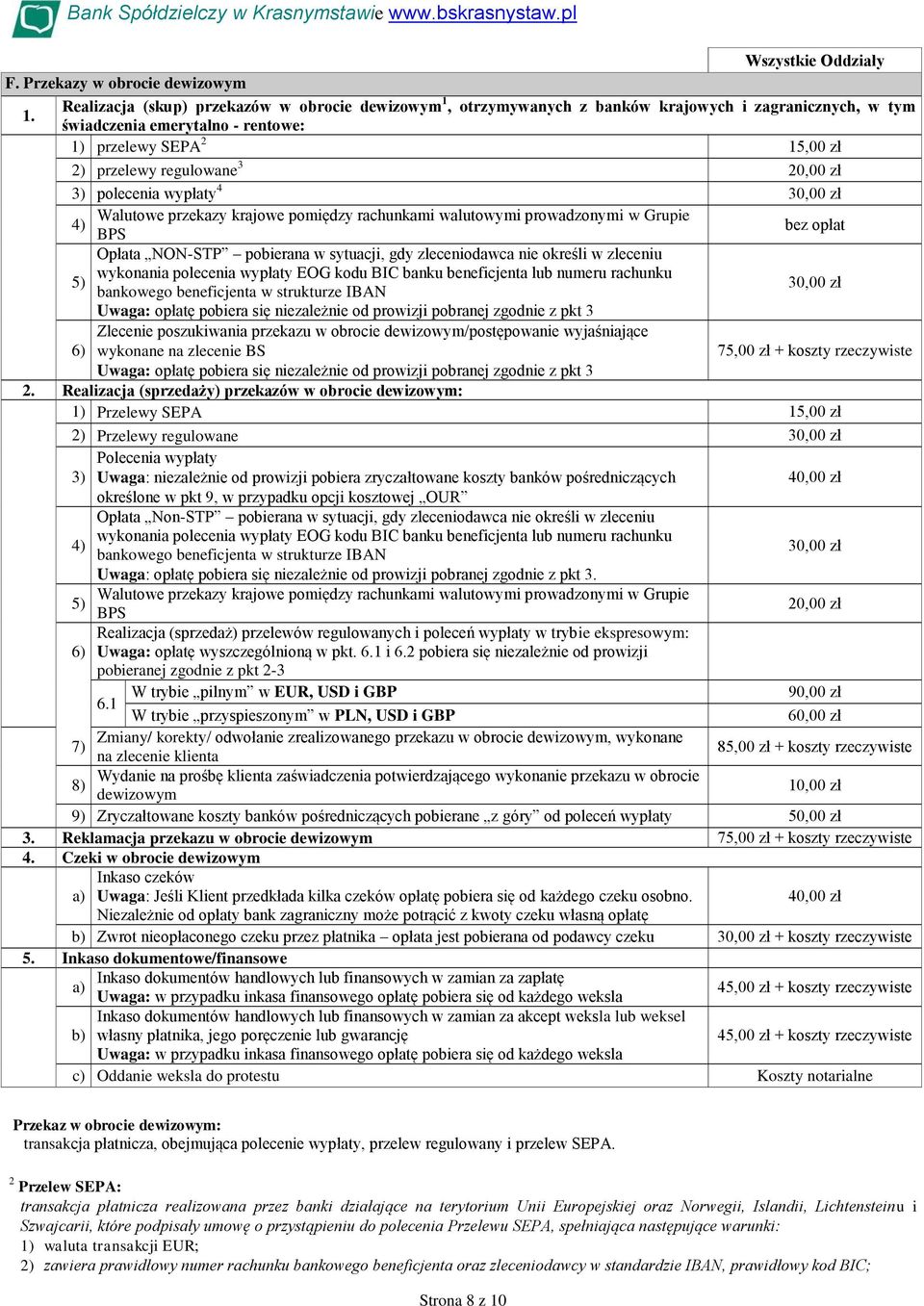 zł 3) polecenia wypłaty 4 30,00 zł Walutowe przekazy krajowe pomiędzy rachunkami walutowymi prowadzonymi w Grupie 4) BPS Opłata NON-STP pobierana w sytuacji, gdy zleceniodawca nie określi w zleceniu