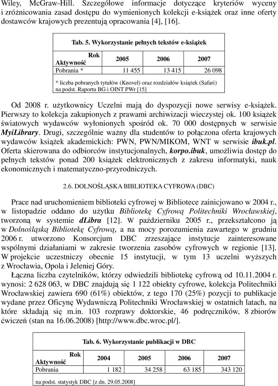 Wykorzystanie pełnych tekstów e-ksiąŝek Rok Aktywność 2005 2006 2007 Pobrania * 11 455 13 415 26 098 * liczba pobranych tytułów (Knovel) oraz rozdziałów ksiąŝek (Safari) na podst.