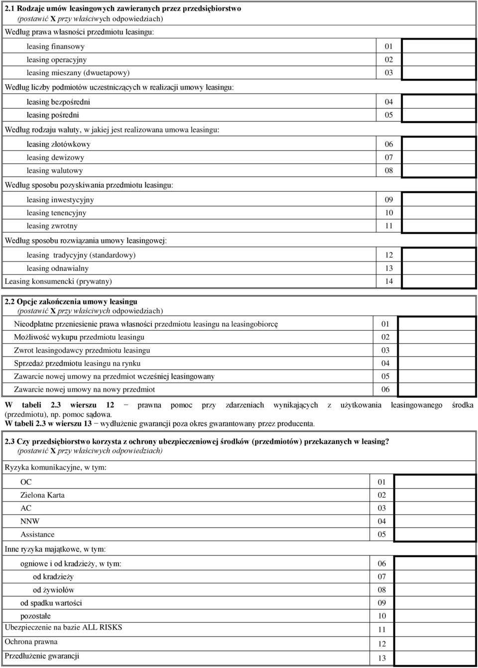 leasingu: leasing złotówkowy 06 leasing dewizowy 07 leasing walutowy 08 Według sposobu pozyskiwania przedmiotu leasingu: leasing inwestycyjny 09 leasing tenencyjny 10 leasing zwrotny 11 Według