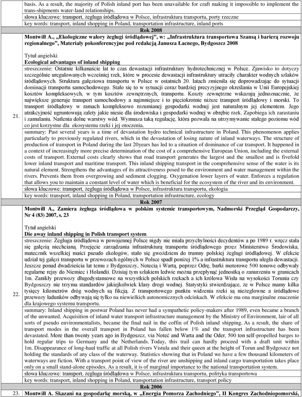 Montwiłł A., Ekologiczne walory żeglugi śródlądowej, w: Infrastruktura transportowa Szansą i barierą rozwoju regionalnego, Materiały pokonferencyjne pod redakcją Janusza Łacnego, Bydgoszcz 2008 21.