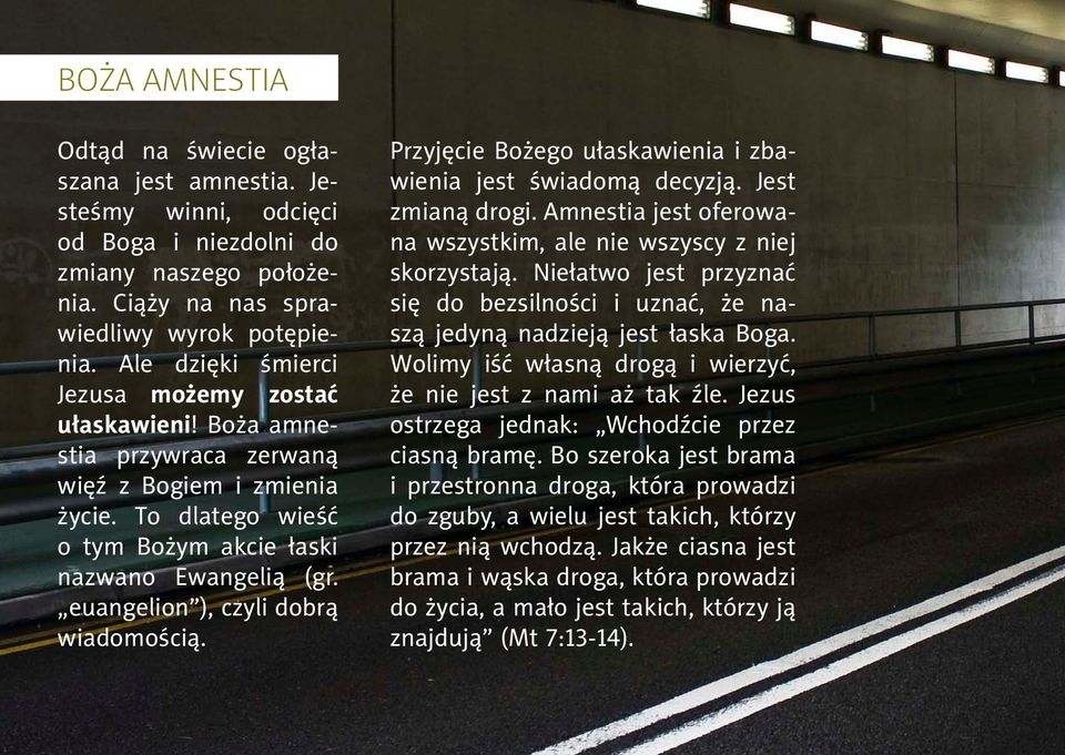 euangelion ), czyli dobrą wiadomością. Przyjęcie Bożego ułaskawienia i zbawienia jest świadomą decyzją. Jest zmianą drogi. Amnestia jest oferowana wszystkim, ale nie wszyscy z niej skorzystają.