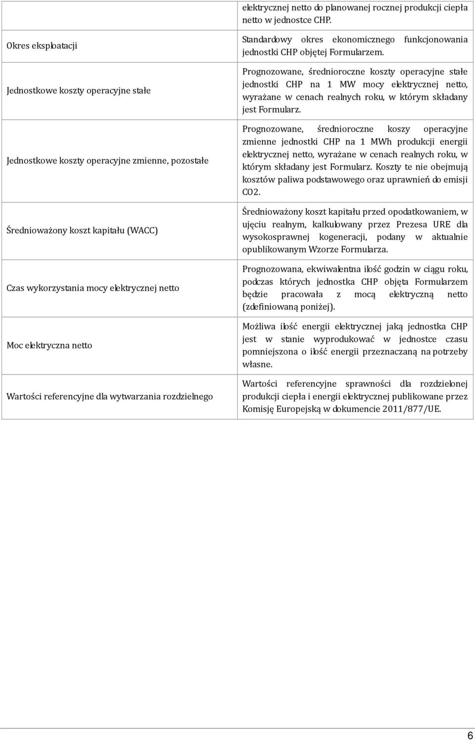 netto Wartości referencyjne dla wytwarzania rozdzielnego Standardowy okres ekonomicznego funkcjonowania jednostki CHP objętej Formularzem.